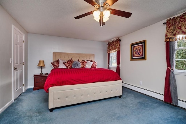 carpeted bedroom with a textured ceiling, ceiling fan, and baseboard heating