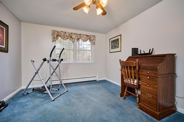 workout room featuring a baseboard radiator, ceiling fan, and carpet flooring