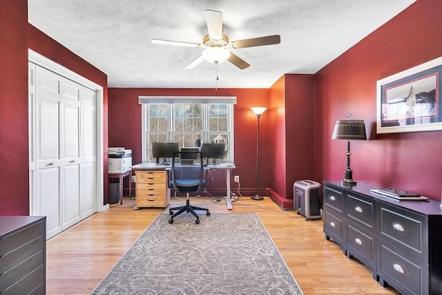 office featuring ceiling fan, light wood-style flooring, and a textured ceiling