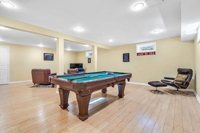 game room with baseboards, pool table, and light wood-style floors