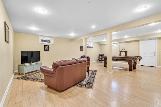 living room with recessed lighting, pool table, light wood-style flooring, and baseboards