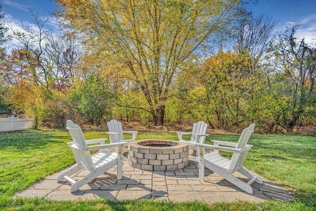 view of patio featuring an outdoor fire pit and fence