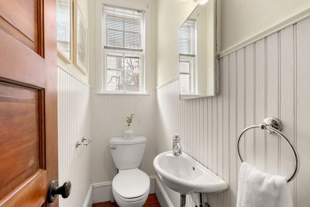 half bathroom with wainscoting, toilet, and a sink