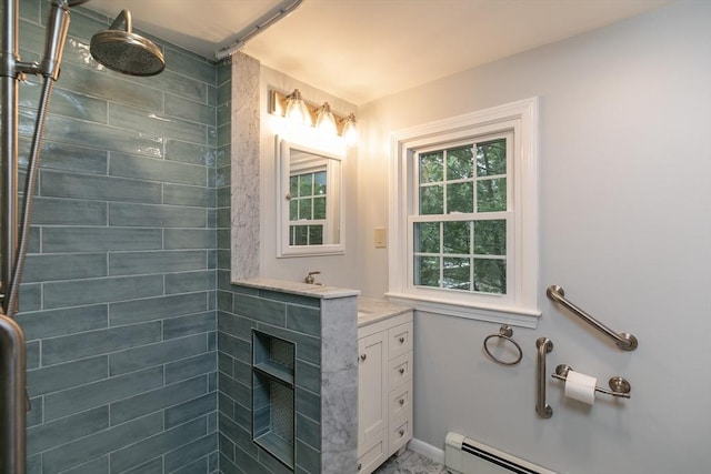 10 Whipple Rd, Hamilton, MA 01982 - full bath featuring tiled shower, vanity, and a baseboard heating unit