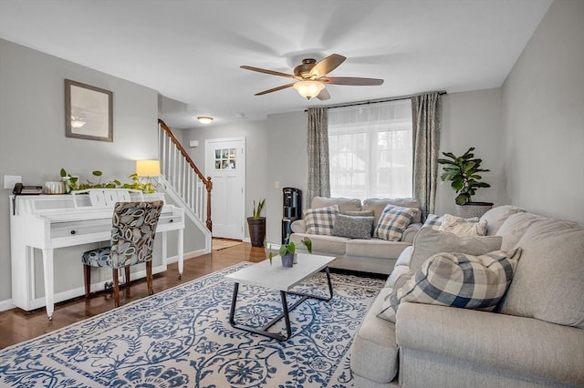 261 Bean Porridge Hill Rd, Westminster, MA 01473 - living area featuring baseboards, stairway, ceiling fan, and wood finished floors