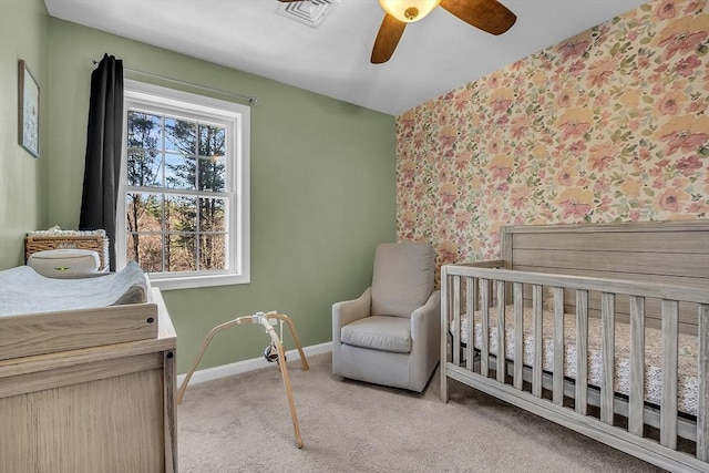 261 Bean Porridge Hill Rd, Westminster, MA 01473 - bedroom featuring visible vents, carpet, baseboards, ceiling fan, and a nursery area