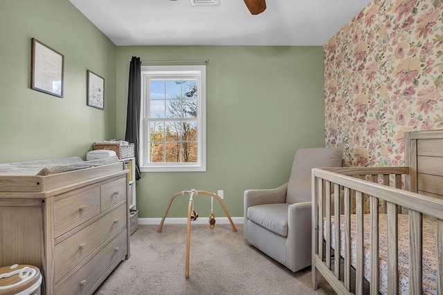 261 Bean Porridge Hill Rd, Westminster, MA 01473 - bedroom with light colored carpet, baseboards, visible vents, a ceiling fan, and a crib