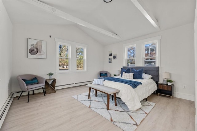 bedroom with baseboard heating, lofted ceiling with beams, and light hardwood / wood-style floors