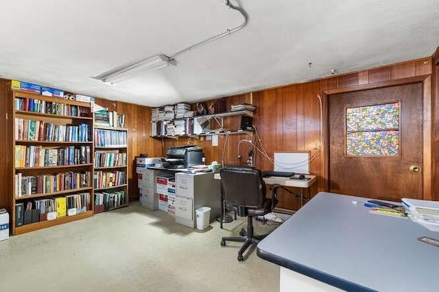 office space with wood walls and carpet