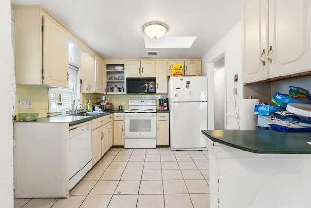 kitchen with open shelves, dark countertops, white appliances, a sink, and backsplash