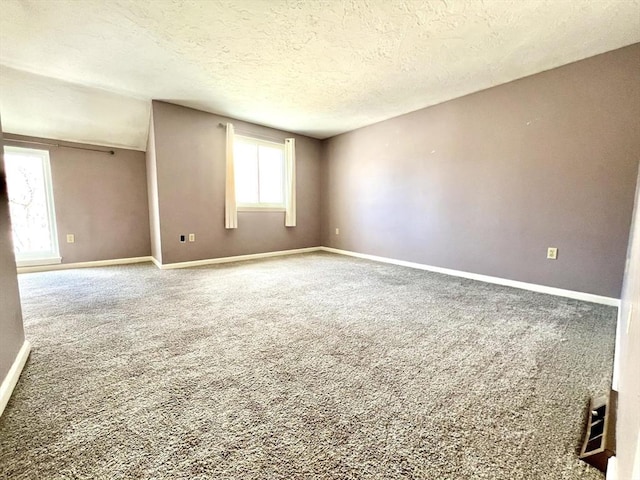 spare room featuring lofted ceiling, a textured ceiling, and carpet