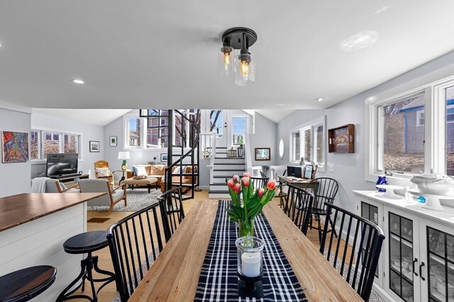 2111/2 Bradford St, Provincetown, MA 02657 - dining space featuring stairway, lofted ceiling, and recessed lighting