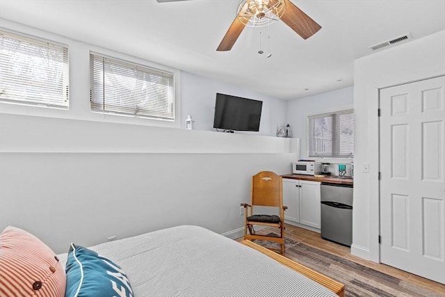 2111/2 Bradford St, Provincetown, MA 02657 - bedroom featuring fridge, light wood-style flooring, a ceiling fan, and baseboards