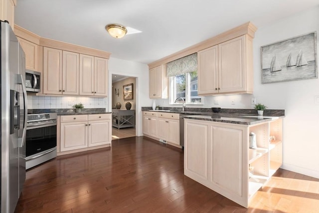 kitchen featuring open shelves, dark wood-style flooring, and appliances with stainless steel finishes