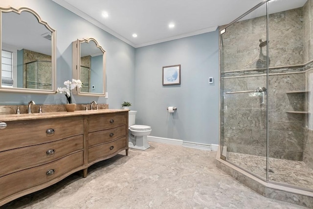 full bathroom featuring baseboards, a sink, toilet, and a shower stall
