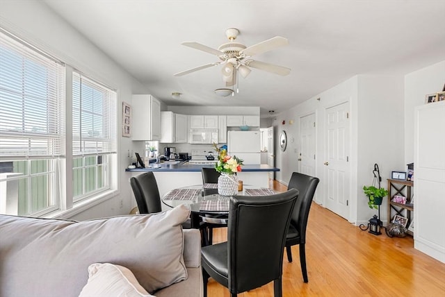 dining area with baseboards, ceiling fan, and light wood finished floors