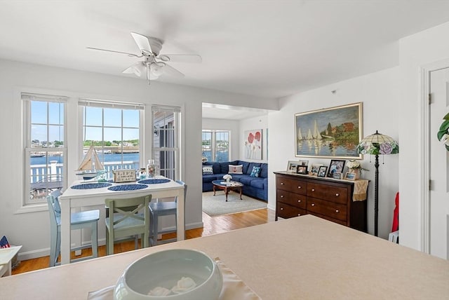 bedroom featuring access to outside, wood finished floors, a ceiling fan, and baseboards