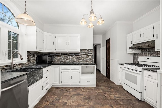 7 Vancroft Ave, Shrewsbury, MA 01545 - kitchen featuring white cabinets, white gas range oven, a sink, under cabinet range hood, and stainless steel dishwasher