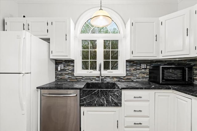 7 Vancroft Ave, Shrewsbury, MA 01545 - kitchen with white cabinets, a sink, dishwasher, freestanding refrigerator, and backsplash