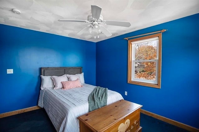 carpeted bedroom with ceiling fan