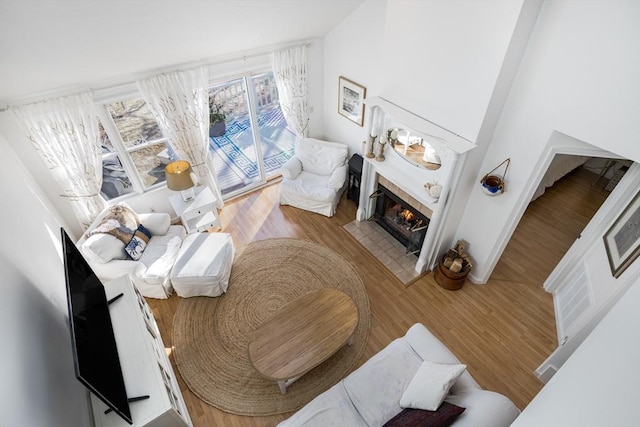 living room featuring hardwood / wood-style flooring and a fireplace