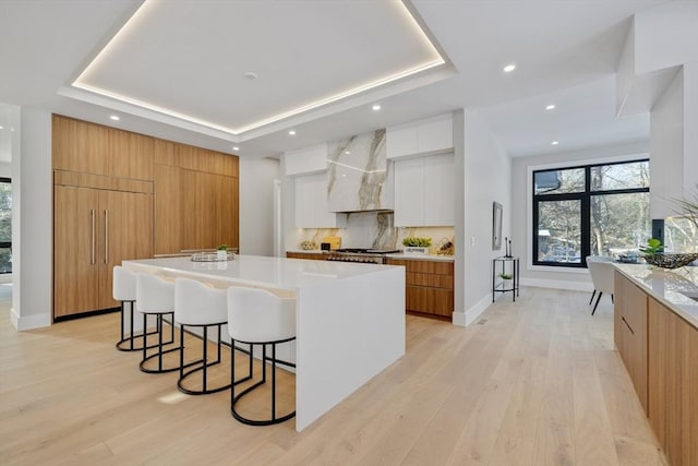 kitchen featuring white cabinetry, a spacious island, a raised ceiling, and custom exhaust hood