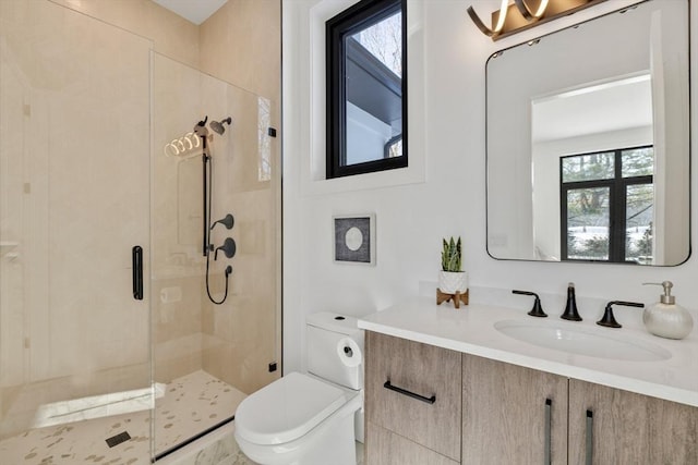 bathroom with vanity, toilet, and an enclosed shower