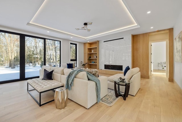 living room with a raised ceiling and light hardwood / wood-style flooring