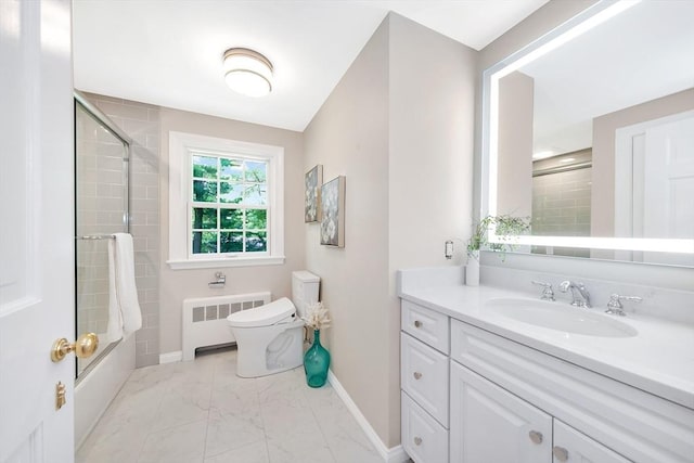 27 Lantern Ln, Arlington, MA 02474 - full bath featuring radiator heating unit, toilet, marble look tile flooring, baseboards, and shower / bath combination