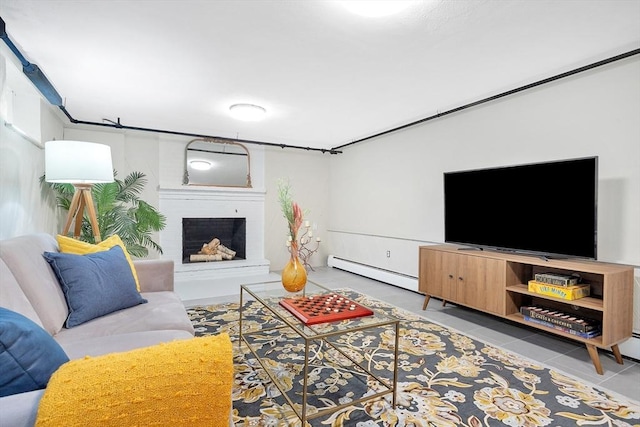 27 Lantern Ln, Arlington, MA 02474 - tiled living area with baseboard heating and a brick fireplace