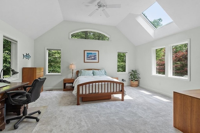 7 Humiston Cir, Westford, MA 01886 - carpeted bedroom featuring a desk, baseboards, a skylight, high vaulted ceiling, and a ceiling fan