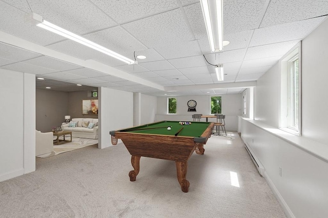 7 Humiston Cir, Westford, MA 01886 - recreation room with a baseboard radiator, carpet floors, pool table, and a drop ceiling
