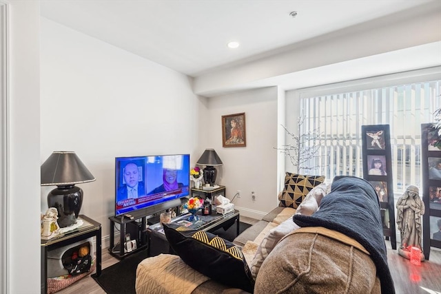 living room with wood finished floors and baseboards