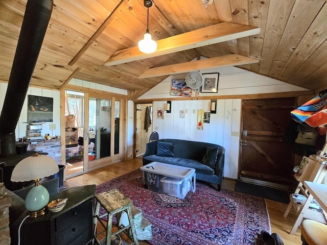 60 Camp Rd, Leverett, MA 01054 - living area featuring lofted ceiling with beams, wood finished floors, wood walls, and wooden ceiling