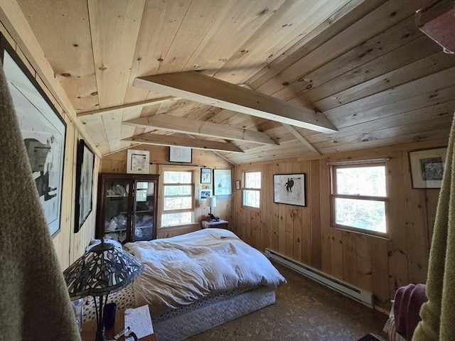 60 Camp Rd, Leverett, MA 01054 - bedroom featuring a baseboard radiator, lofted ceiling, wood walls, and wooden ceiling