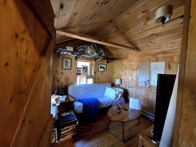 60 Camp Rd, Leverett, MA 01054 - bedroom featuring wood ceiling, baseboard heating, wood walls, vaulted ceiling with beams, and hardwood / wood-style floors