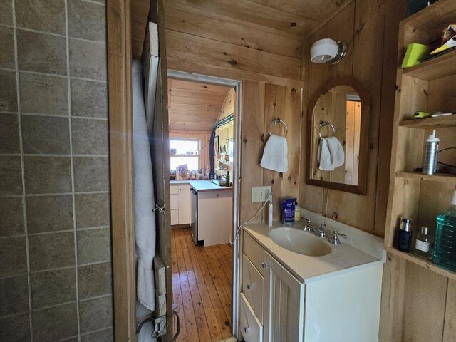 60 Camp Rd, Leverett, MA 01054 - bathroom with vanity, wooden walls, hardwood / wood-style flooring, and wooden ceiling