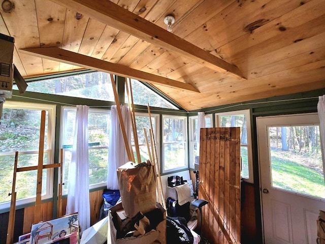 60 Camp Rd, Leverett, MA 01054 - sunroom featuring wood ceiling and vaulted ceiling with beams
