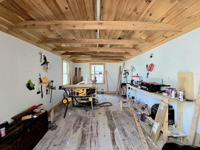 60 Camp Rd, Leverett, MA 01054 - dining space featuring a workshop area, wood ceiling, wood finished floors, and beam ceiling