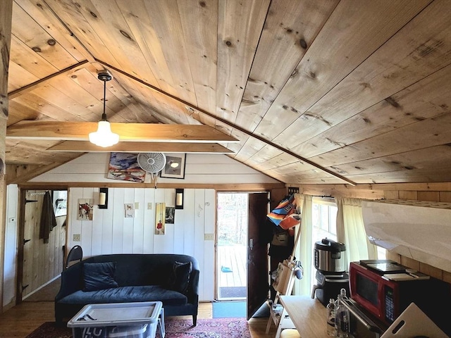60 Camp Rd, Leverett, MA 01054 - living room featuring wood walls, vaulted ceiling, wood ceiling, and wood finished floors