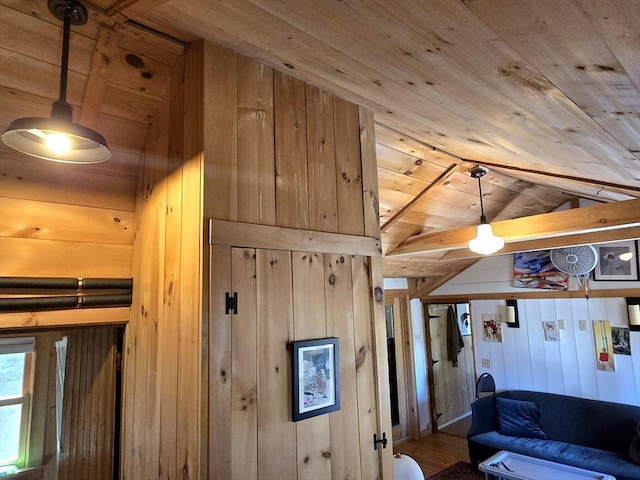 60 Camp Rd, Leverett, MA 01054 - living room featuring wood ceiling, wood finished floors, vaulted ceiling, and wooden walls