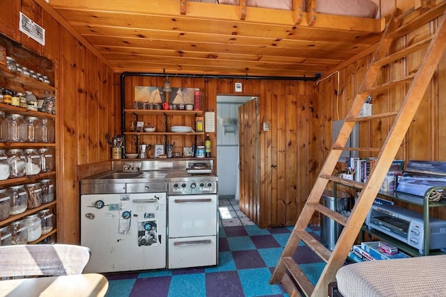 interior space with dark floors, wooden ceiling, wood walls, and visible vents