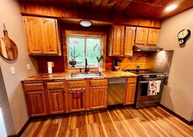 1472 Pleasant St, Athol, MA 01331 - kitchen featuring appliances with stainless steel finishes, under cabinet range hood, dark wood-type flooring, wood ceiling, and brown cabinetry