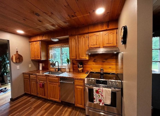 1472 Pleasant St, Athol, MA 01331 - kitchen featuring appliances with stainless steel finishes, under cabinet range hood, wooden ceiling, dark wood-style floors, and healthy amount of natural light