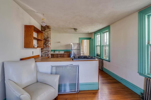 kitchen featuring appliances with stainless steel finishes, kitchen peninsula, sink, and wood-type flooring