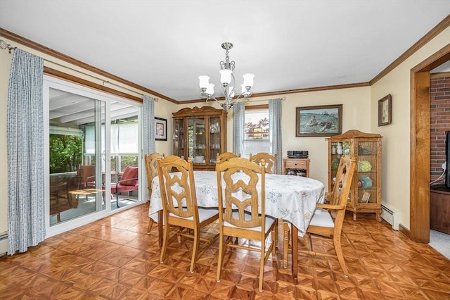4 Pleasantview Ave, Tyngsborough, MA 01879 - dining room featuring a chandelier, ornamental molding, a baseboard heating unit, and baseboards