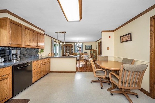 4 Pleasantview Ave, Tyngsborough, MA 01879 - kitchen with black dishwasher, ornamental molding, dark countertops, brown cabinets, and backsplash