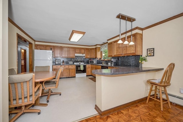 4 Pleasantview Ave, Tyngsborough, MA 01879 - kitchen featuring freestanding refrigerator, electric stove, brown cabinetry, decorative backsplash, and crown molding