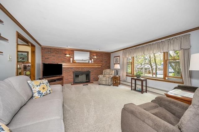 4 Pleasantview Ave, Tyngsborough, MA 01879 - living room featuring ornamental molding, a fireplace, carpet flooring, and a baseboard heating unit