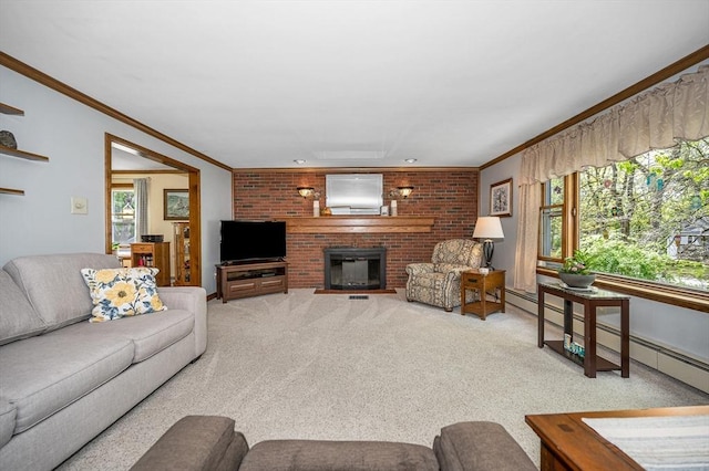 4 Pleasantview Ave, Tyngsborough, MA 01879 - living area featuring crown molding, a brick fireplace, carpet floors, and a baseboard radiator
